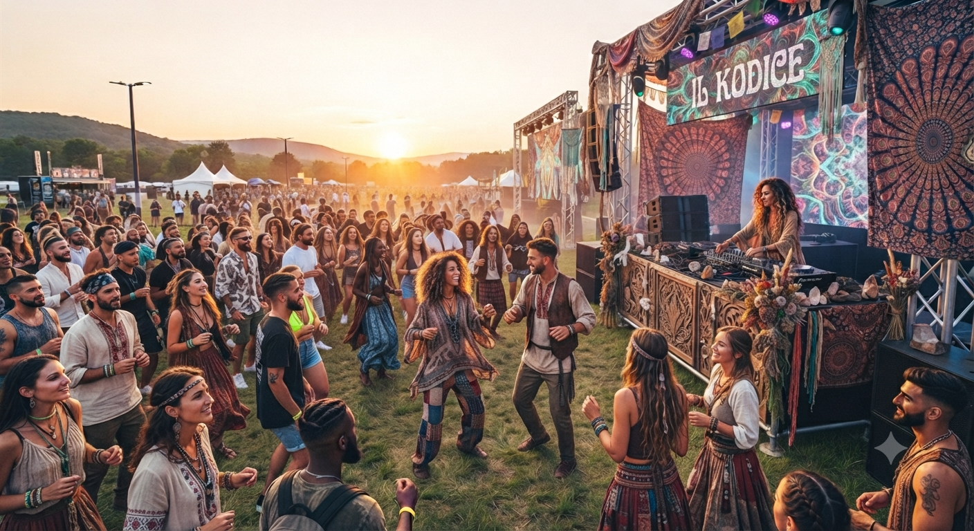 La tribù del KODICE in cerchio, ballo estatico al tramonto: la festa della domenica, le ali davanti a tutti.